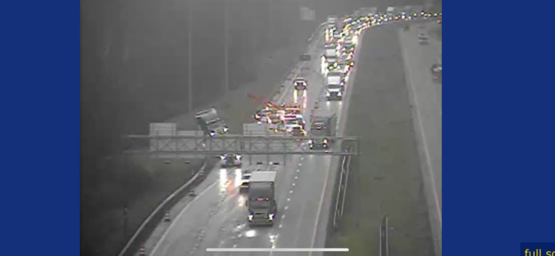 Traffic snarled on I-70 east near The Highlands due to tractor-trailer accident